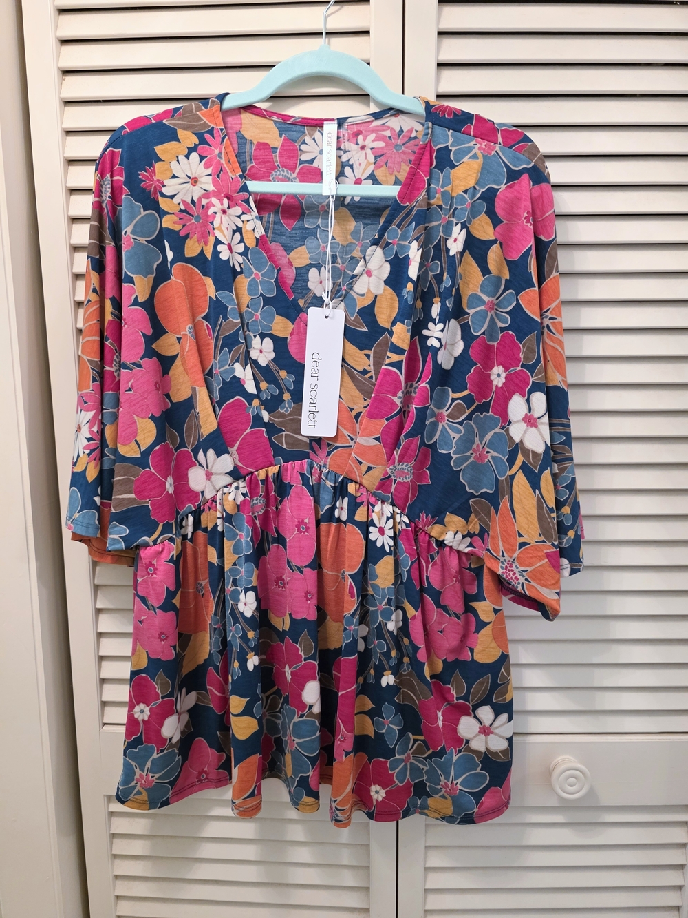 Dear Scarlett Teal Floral V-Neck Babydoll Tunic - Pink & Orange Blooms